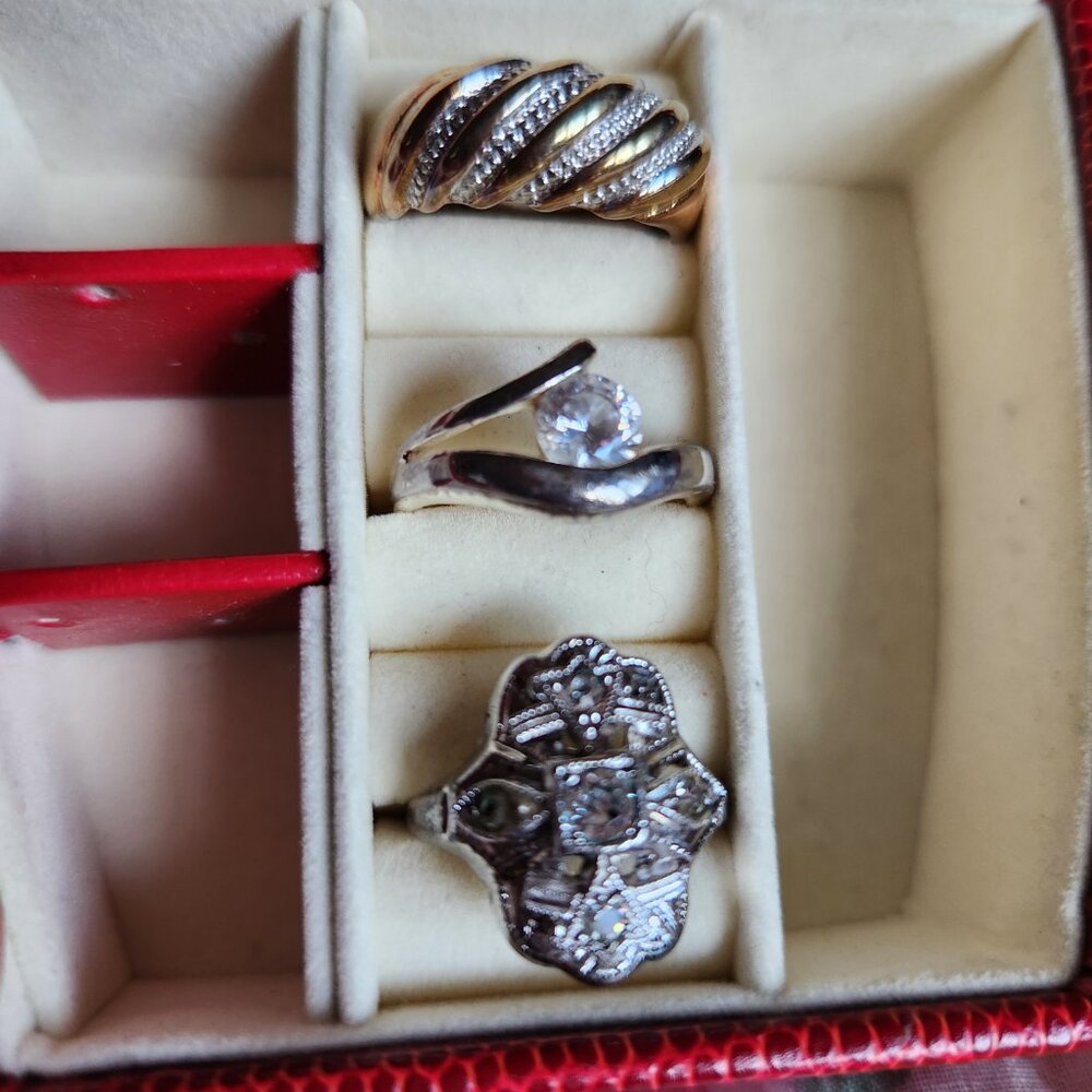 3 rings art nouveau 925 and 14KGF with crystals or cz and Travel jewelry case